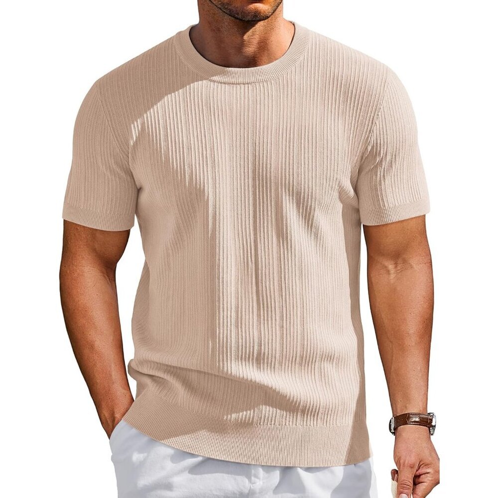 Men's Beige Short Sleeve Knit Casual Crewneck Ribbed Dress Tee T-Shirts